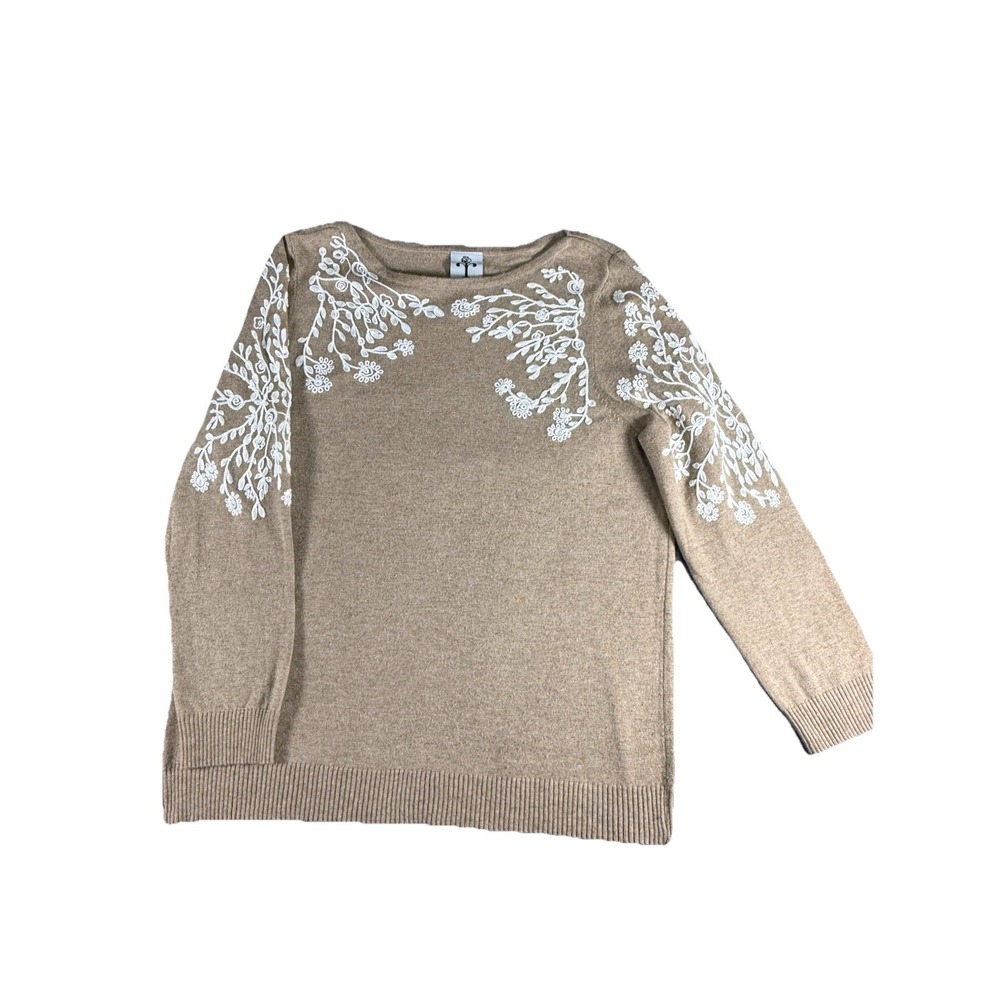 Rain + Rose Pullover Sweater With Embroidery Beige & White Long Sleeve Large